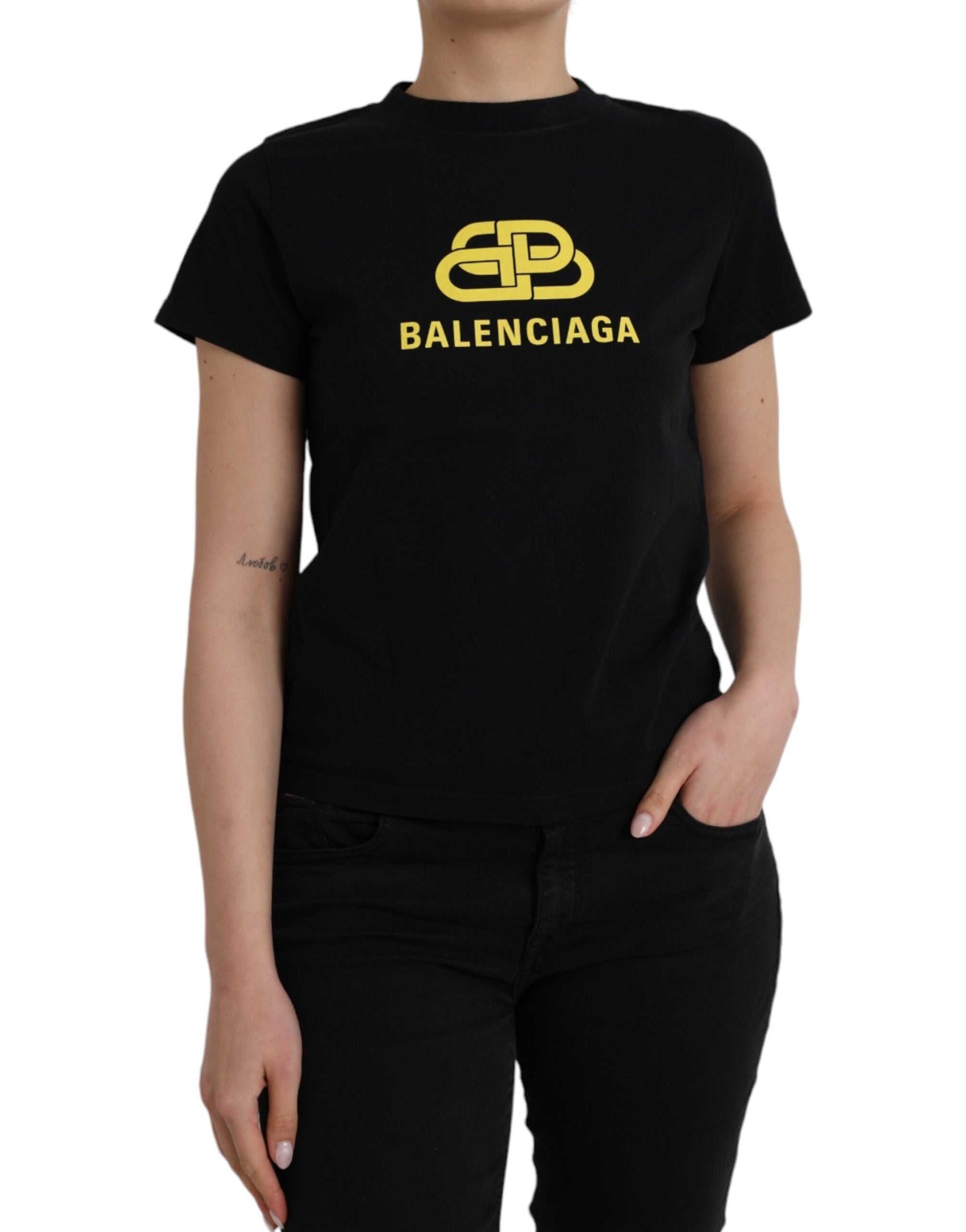 Balenciaga Black Cotton Logo Print Crew Neck Short Sleeves T-shirt - Luxury Boutique Co
