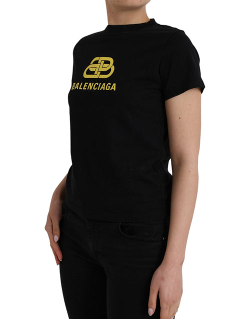 Balenciaga Black Cotton Logo Print Crew Neck Short Sleeves T-shirt - Luxury Boutique Co