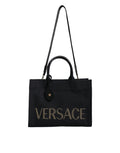 Versace Black Top Handle Canvas Leather Logo Crossbody Tote Bag - Luxury Boutique Co