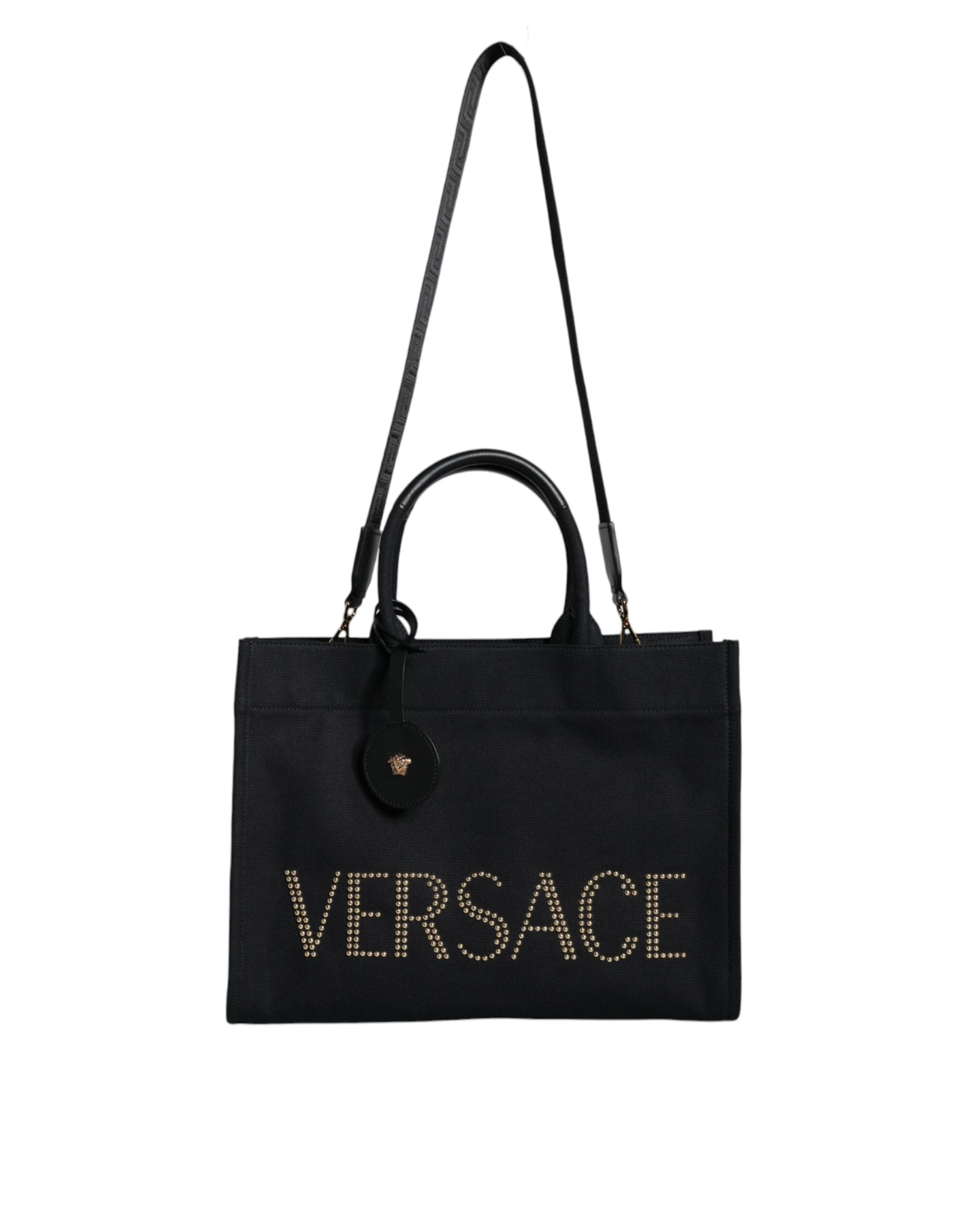 Versace Black Top Handle Canvas Leather Logo Crossbody Tote Bag - Luxury Boutique Co