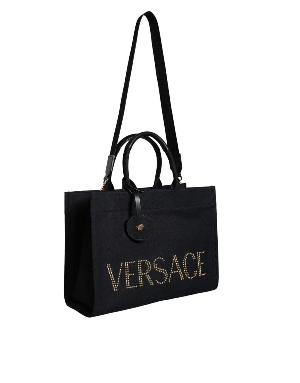 Versace Black Top Handle Canvas Leather Logo Crossbody Tote Bag - Luxury Boutique Co