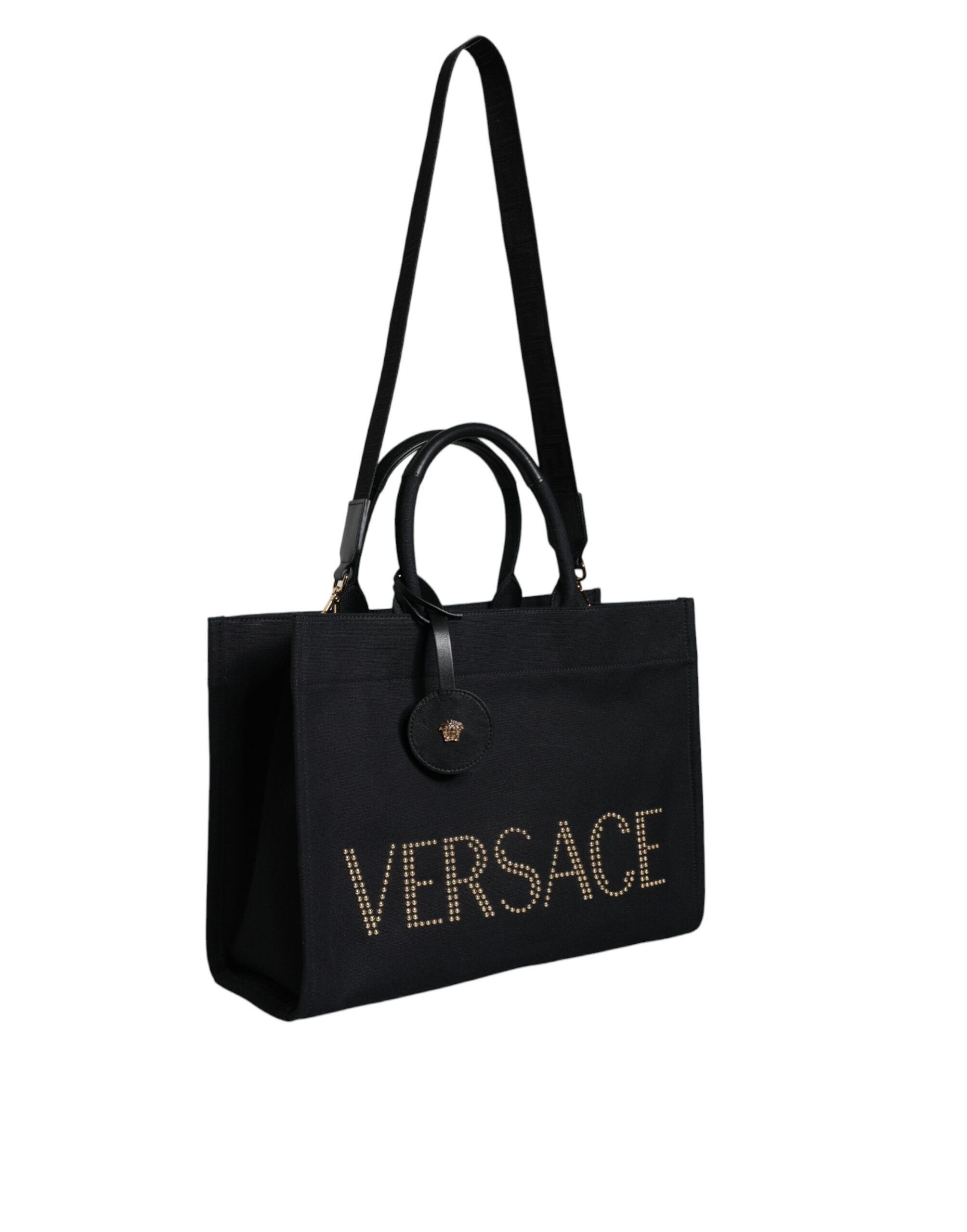 Versace Black Top Handle Canvas Leather Logo Crossbody Tote Bag - Luxury Boutique Co
