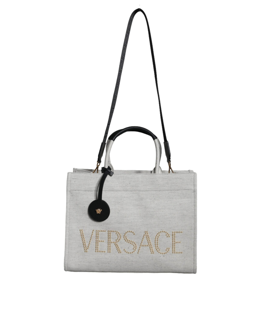 Versace White Top Handle Canvas Leather Logo Crossbody Tote Bag - Luxury Boutique Co