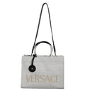 Versace White Top Handle Canvas Leather Logo Crossbody Tote Bag - Luxury Boutique Co