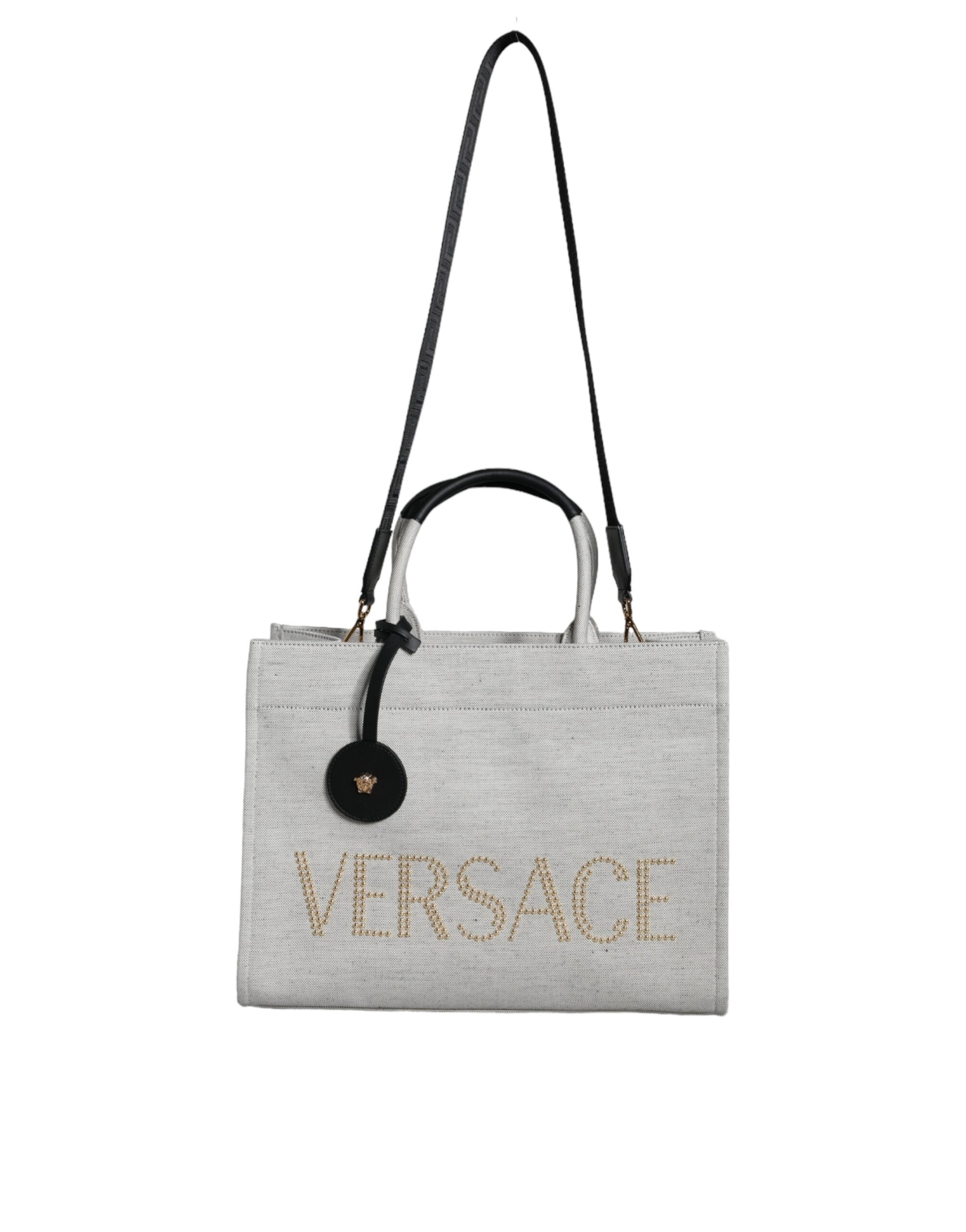 Versace White Top Handle Canvas Leather Logo Crossbody Tote Bag - Luxury Boutique Co