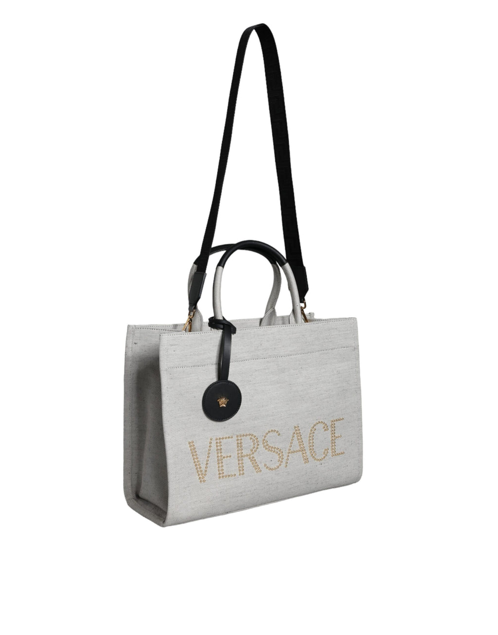 Versace White Top Handle Canvas Leather Logo Crossbody Tote Bag - Luxury Boutique Co