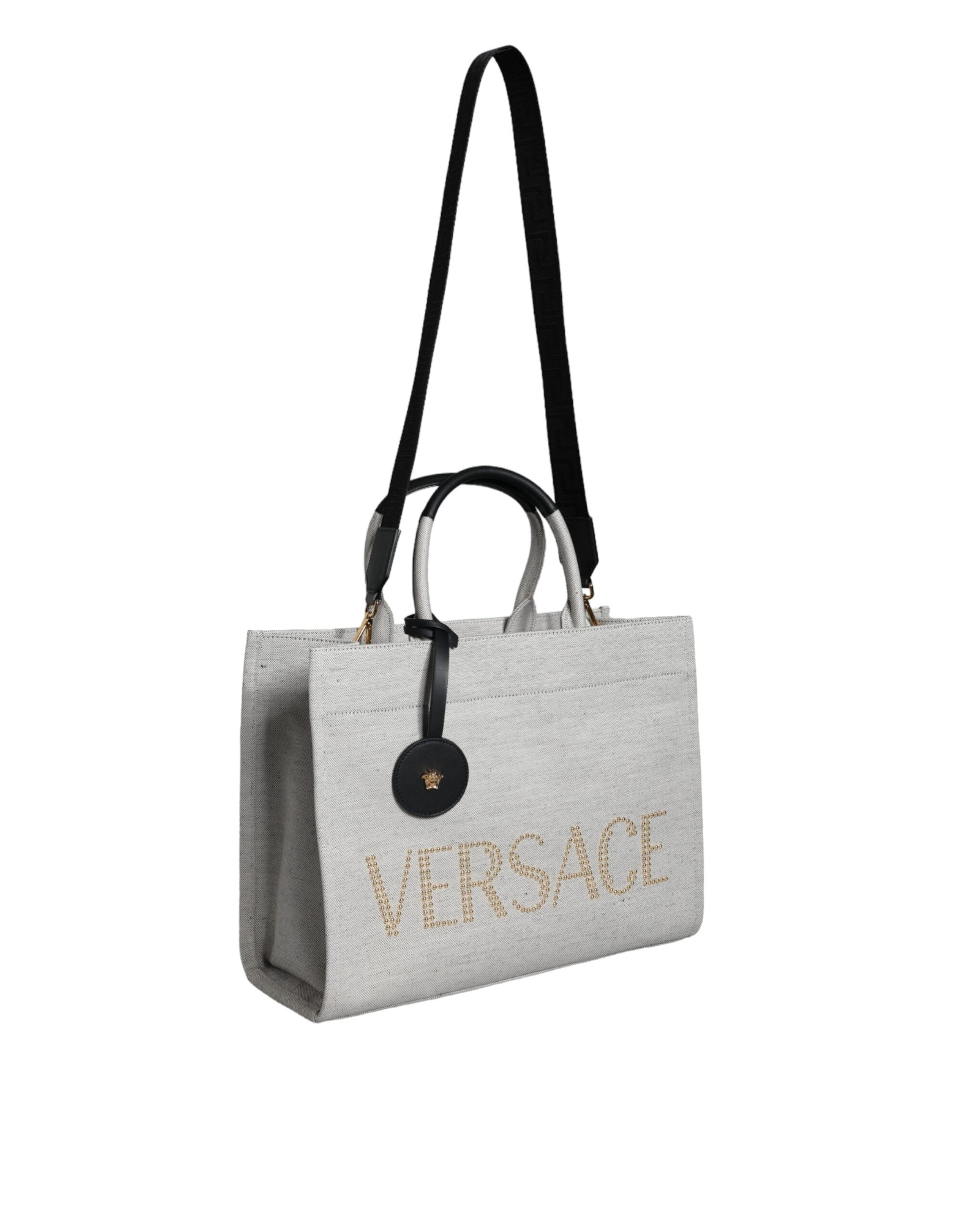 Versace White Top Handle Canvas Leather Logo Crossbody Tote Bag - Luxury Boutique Co