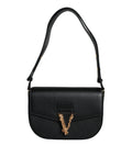 Versace Black Grainy Calf Leather Logo Crossbody Shoulder Bag - Luxury Boutique Co