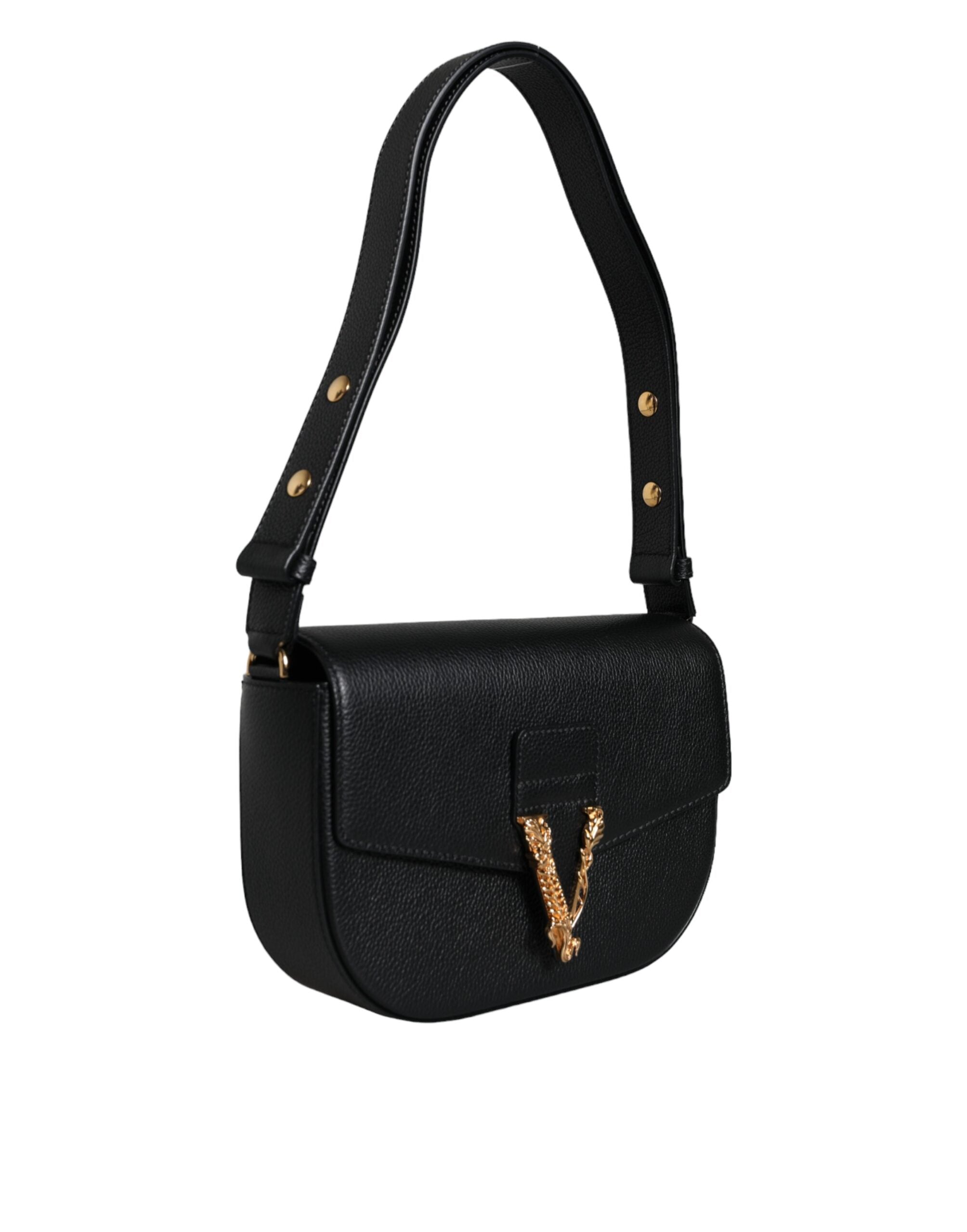 Versace Black Grainy Calf Leather Logo Crossbody Shoulder Bag - Luxury Boutique Co