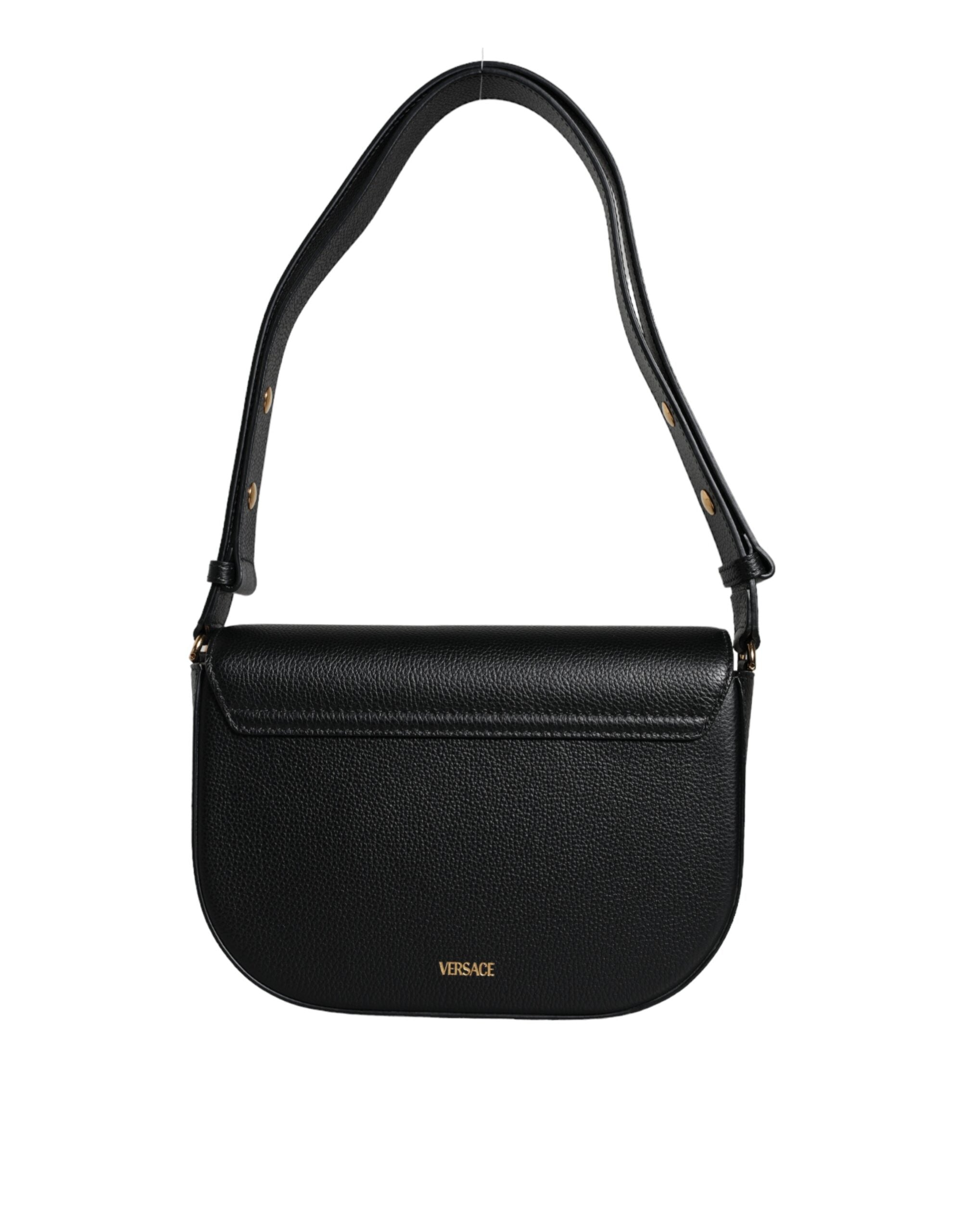 Versace Black Grainy Calf Leather Logo Crossbody Shoulder Bag - Luxury Boutique Co