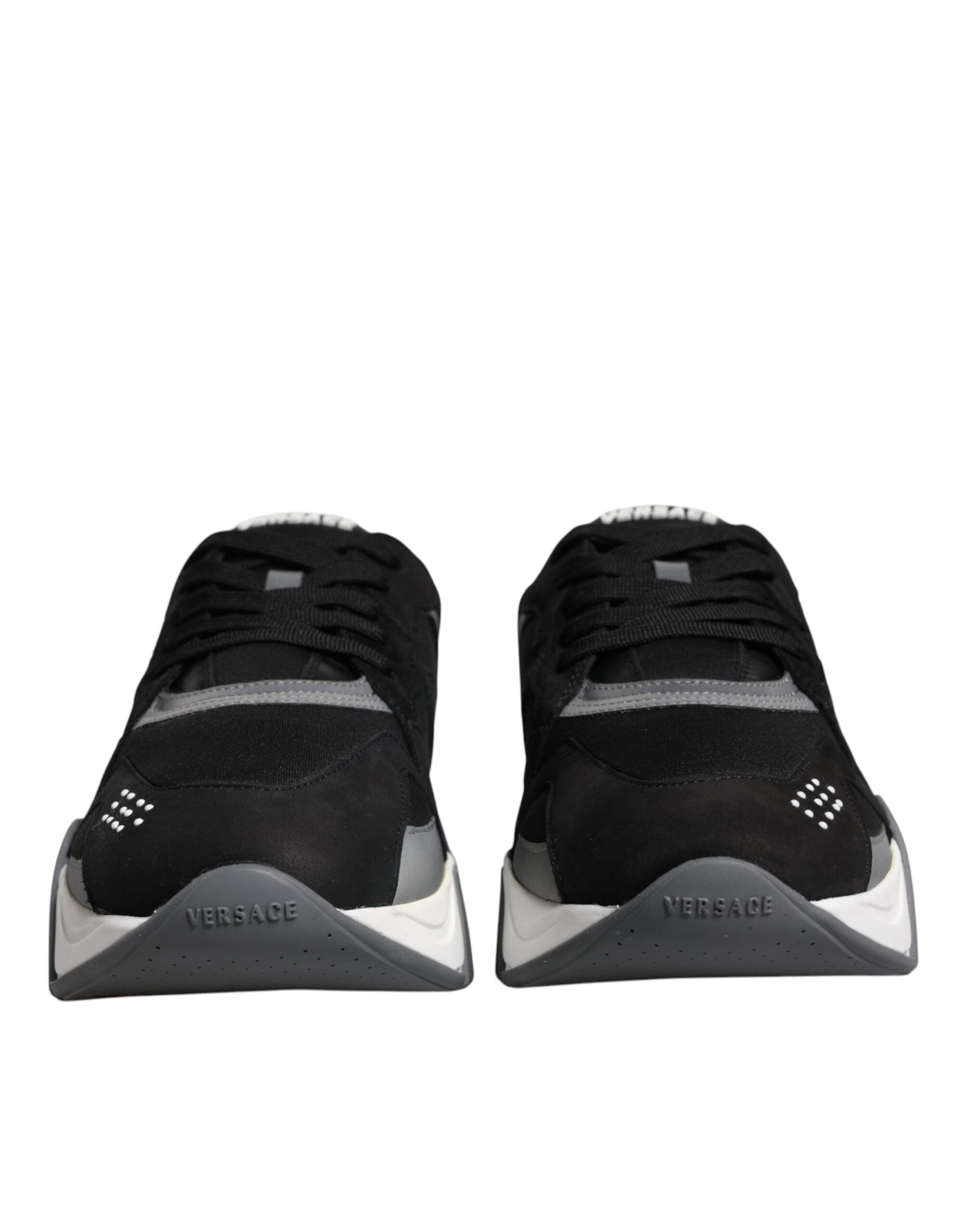 Versace Black Leather Neoprene Chunky Low Top Sneakers Squalo Shoes - Luxury Boutique Co
