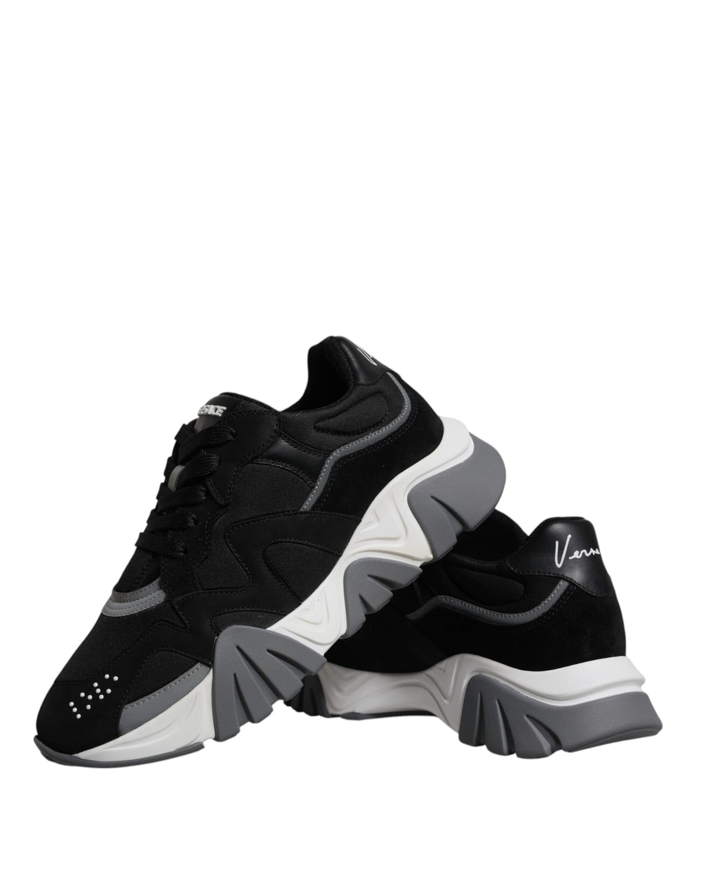 Versace Black Leather Neoprene Chunky Low Top Sneakers Squalo Shoes - Luxury Boutique Co
