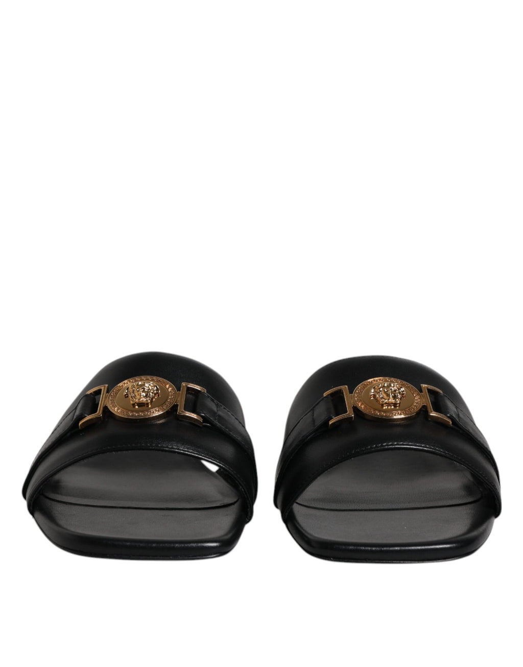 Versace Black Leather Logo Plaque Slip On Slides Flats Shoes - Luxury Boutique Co
