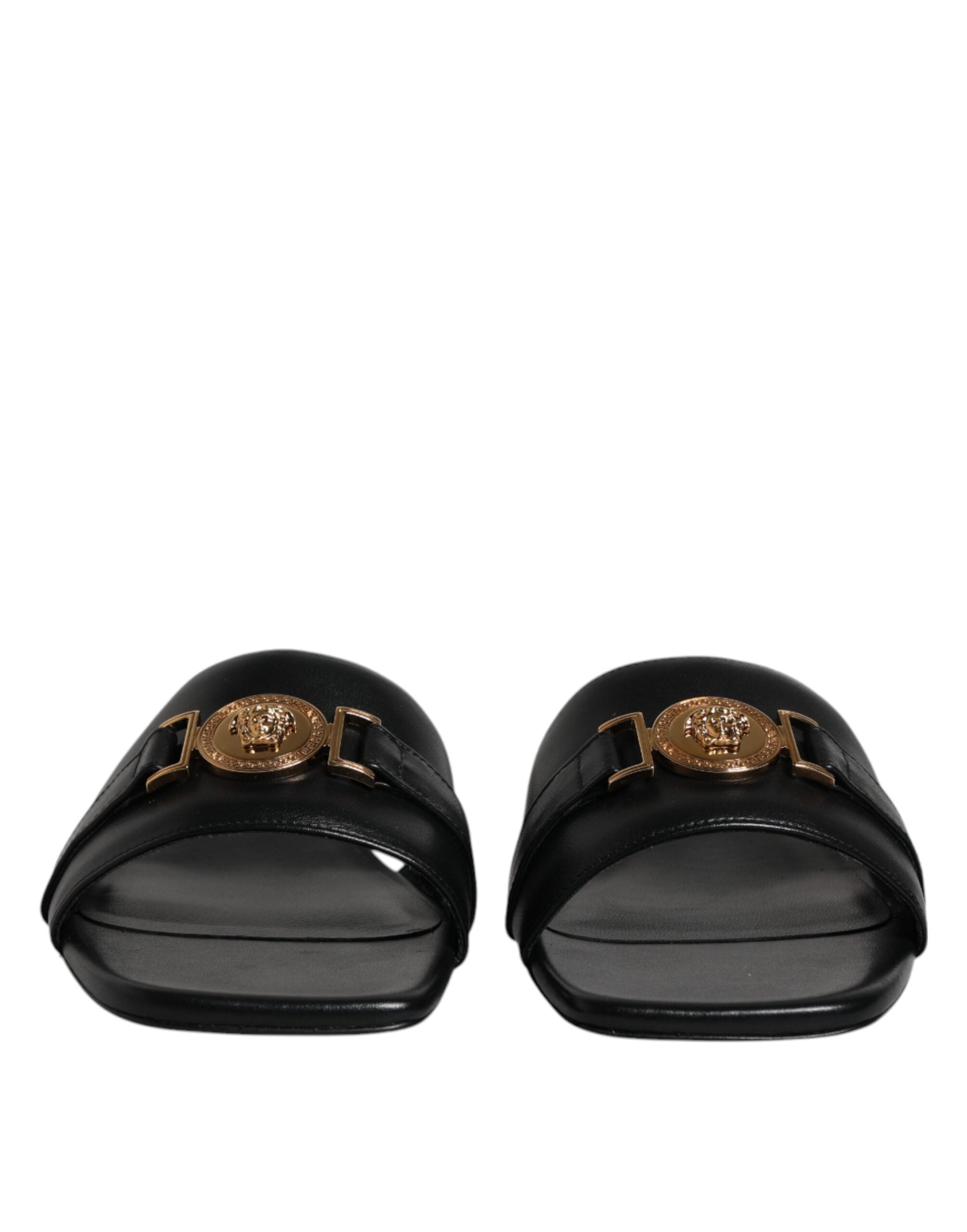 Versace Black Leather Logo Plaque Slip On Slides Flats Shoes - Luxury Boutique Co