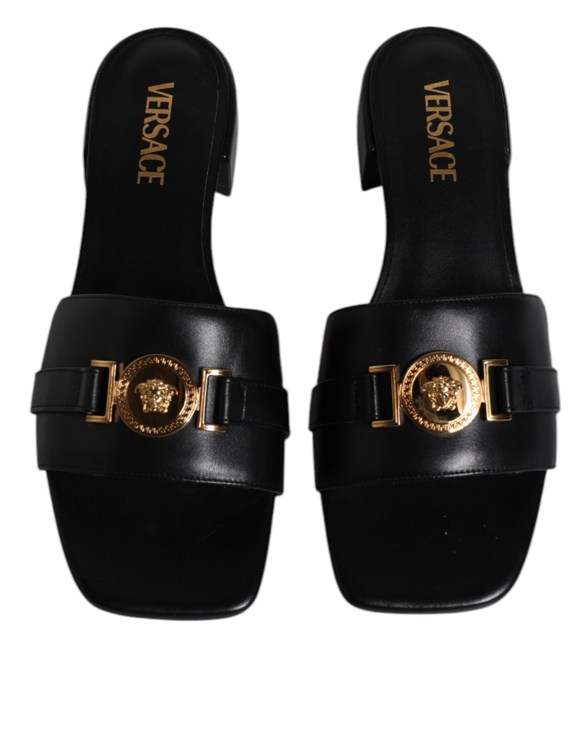 Versace Black Leather Logo Plaque Slip On Slides Flats Shoes - Luxury Boutique Co