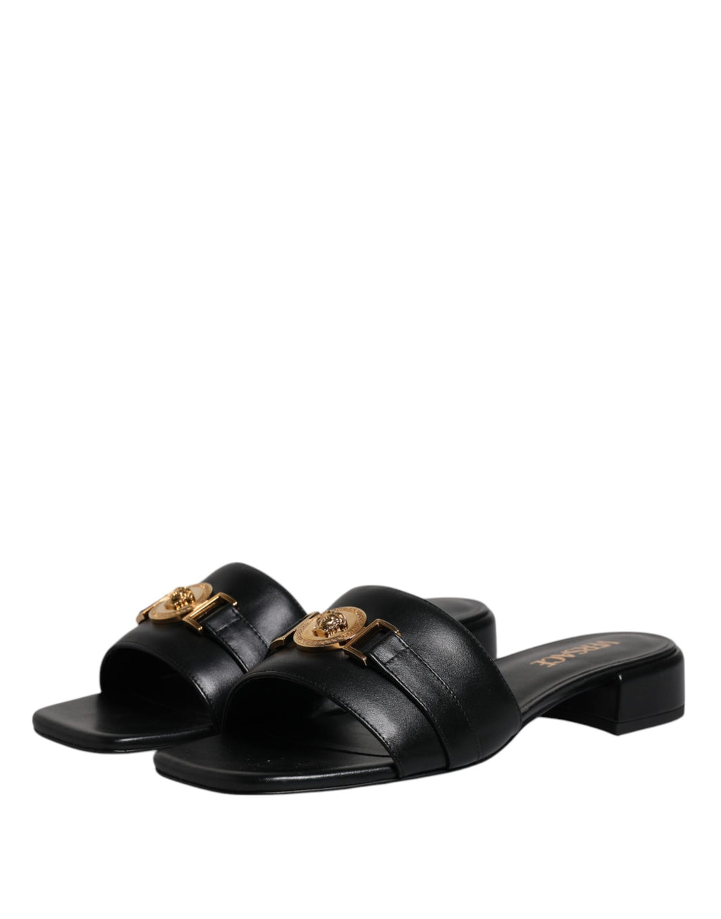 Versace Black Leather Logo Plaque Slip On Slides Flats Shoes - Luxury Boutique Co