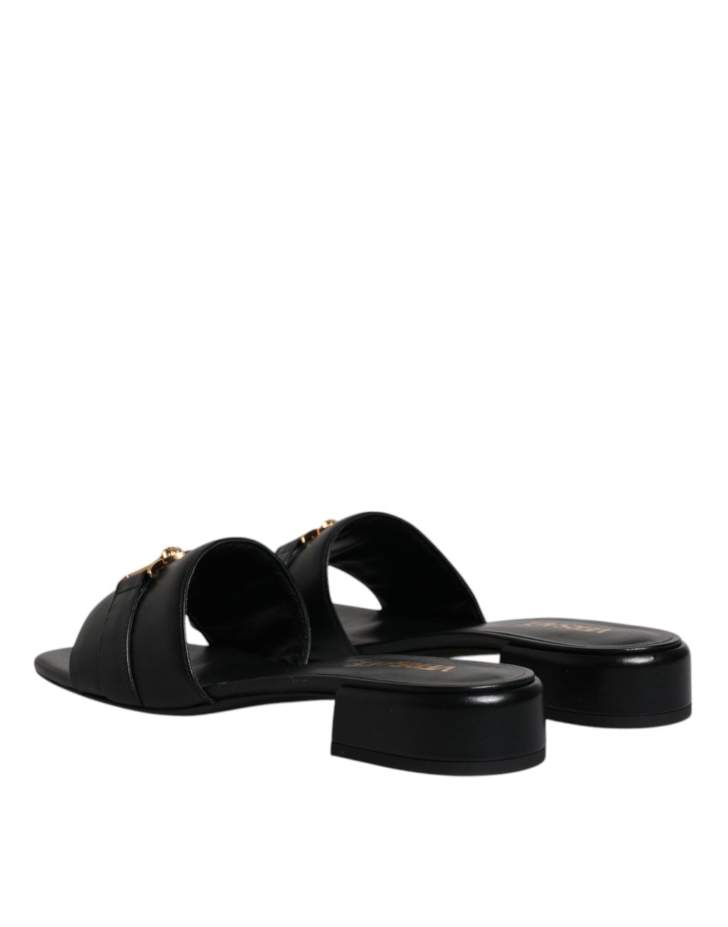 Versace Black Leather Logo Plaque Slip On Slides Flats Shoes - Luxury Boutique Co