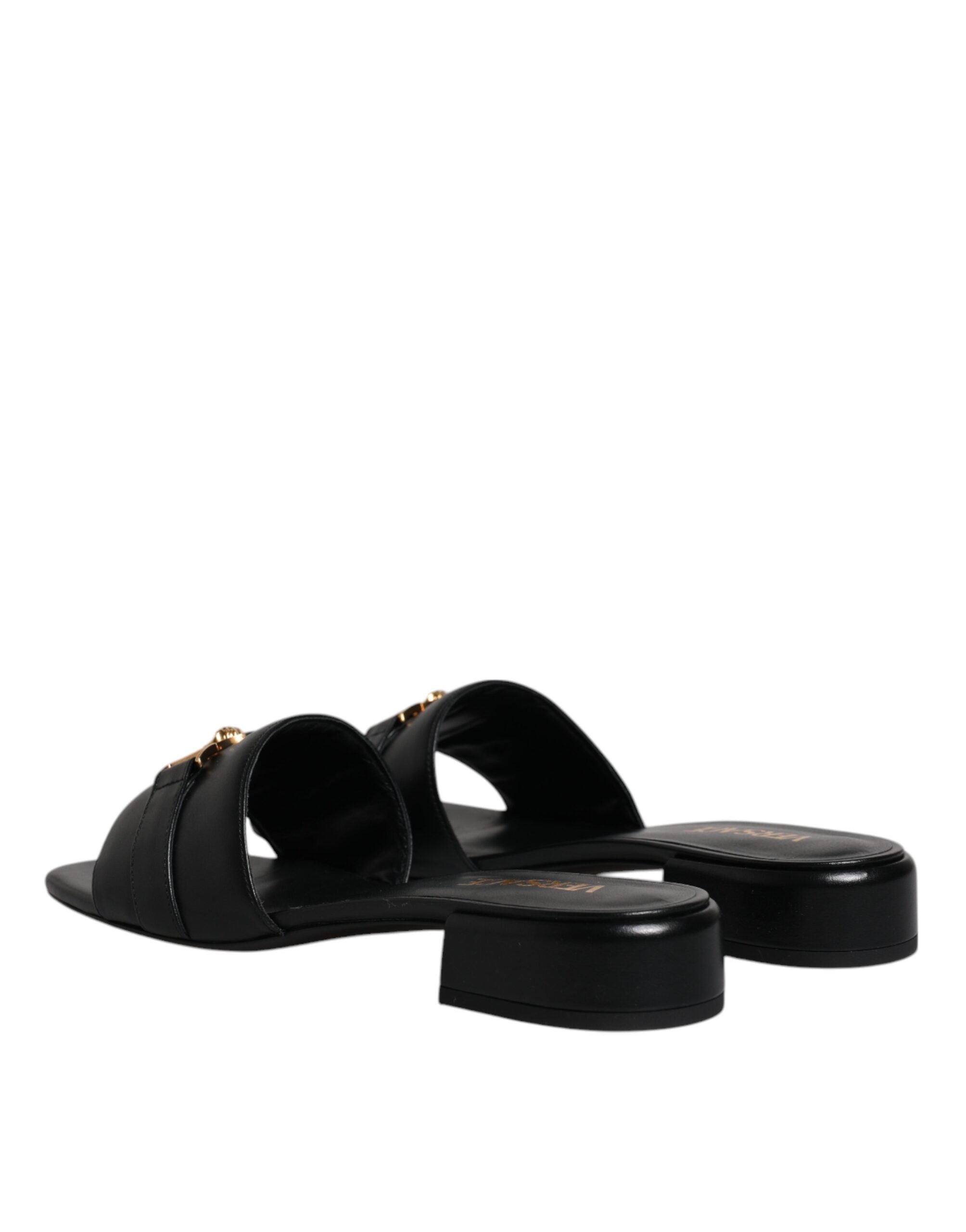 Versace Black Leather Logo Plaque Slip On Slides Flats Shoes - Luxury Boutique Co
