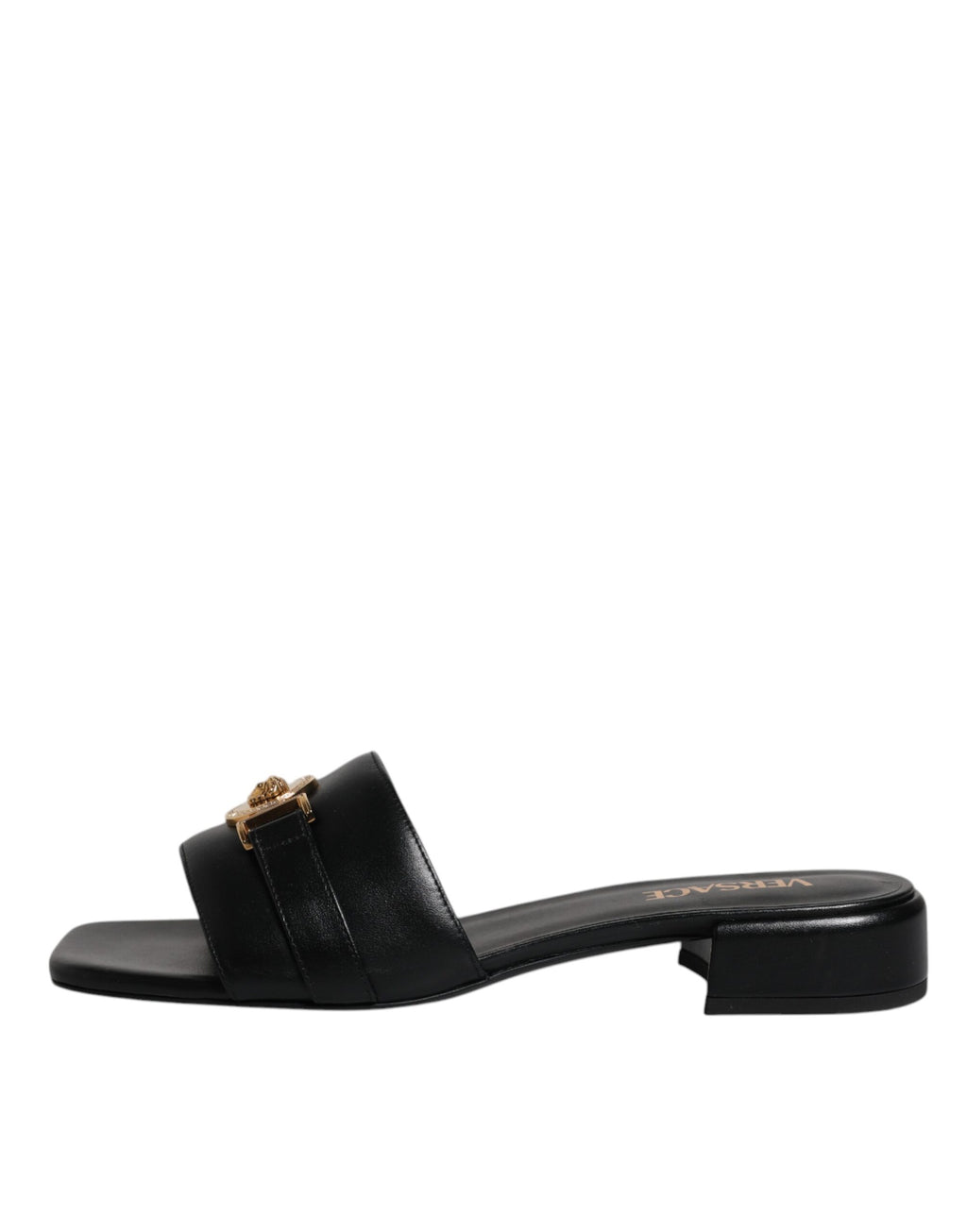 Versace Black Leather Logo Plaque Slip On Slides Flats Shoes - Luxury Boutique Co