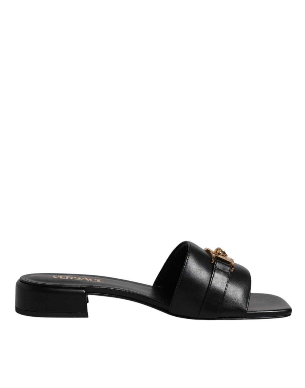Versace Black Leather Logo Plaque Slip On Slides Flats Shoes - Luxury Boutique Co