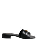 Versace Black Leather Logo Plaque Slip On Slides Flats Shoes - Luxury Boutique Co
