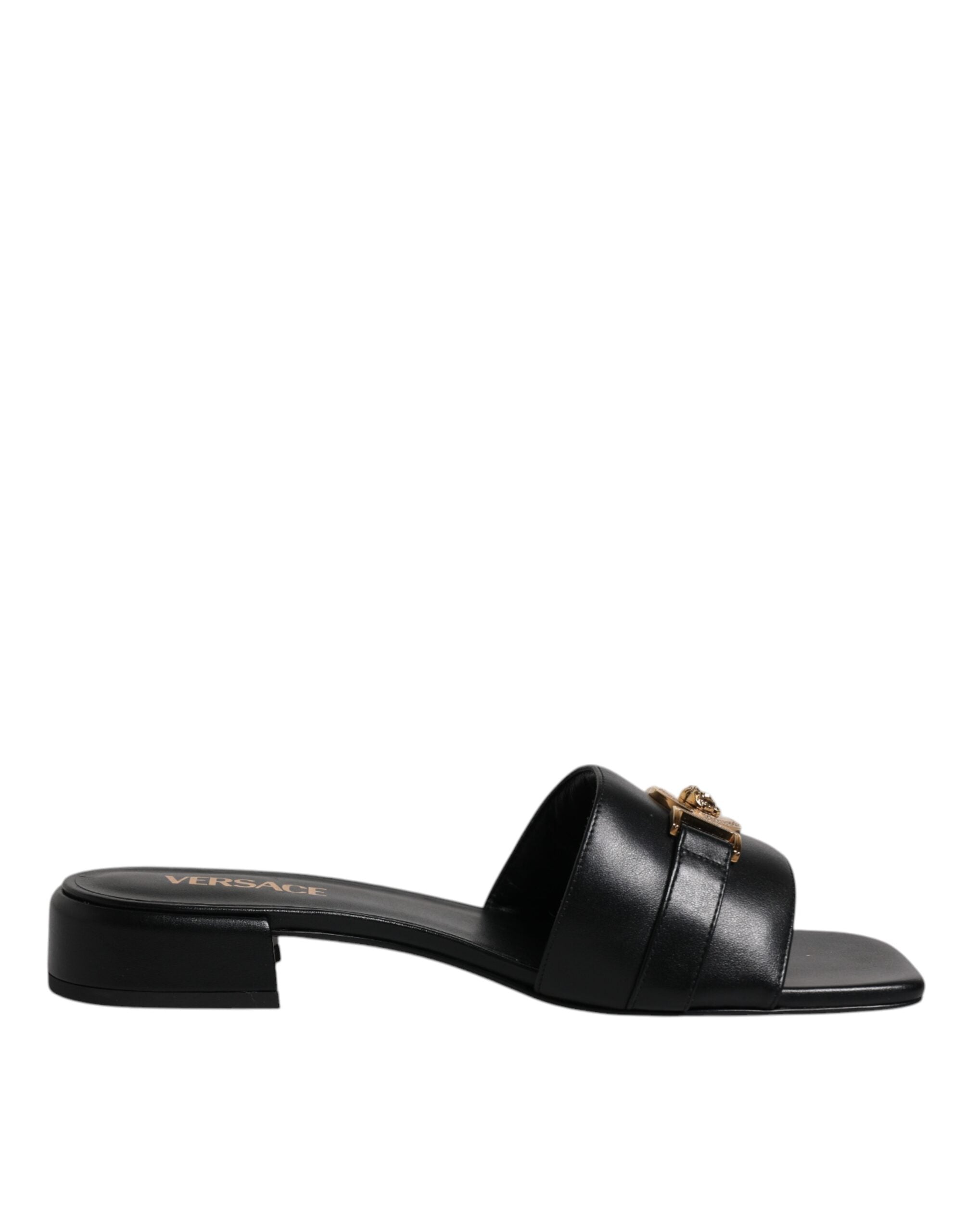 Versace Black Leather Logo Plaque Slip On Slides Flats Shoes - Luxury Boutique Co