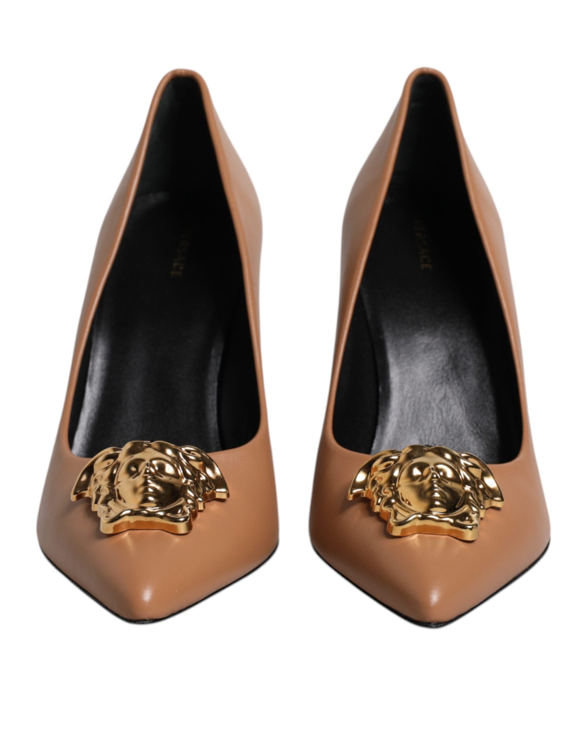 Versace Brown Leather Logo Plaque High Heels Pumps Shoes - Luxury Boutique Co