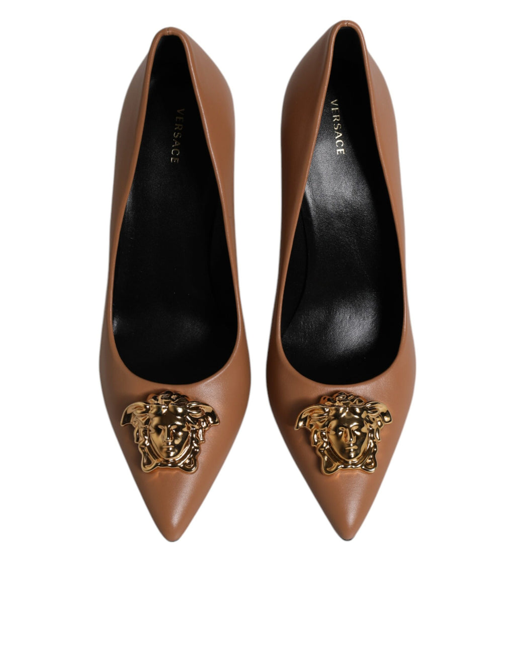 Versace Brown Leather Logo Plaque High Heels Pumps Shoes - Luxury Boutique Co