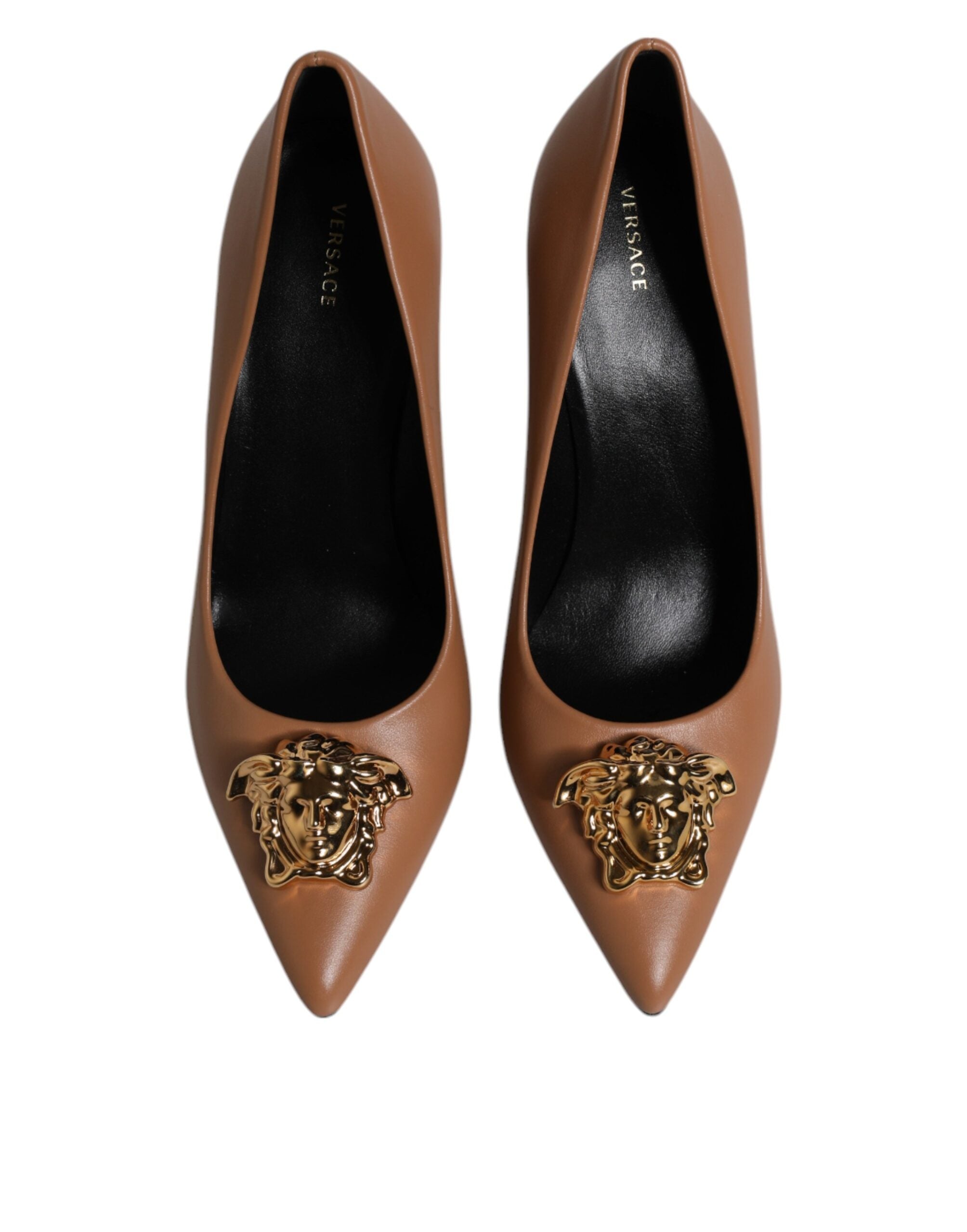 Versace Brown Leather Logo Plaque High Heels Pumps Shoes - Luxury Boutique Co