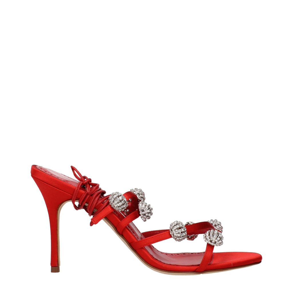 Manolo Blahnik Red Satin Stiletto Heel Sandals - Luxury Boutique Co