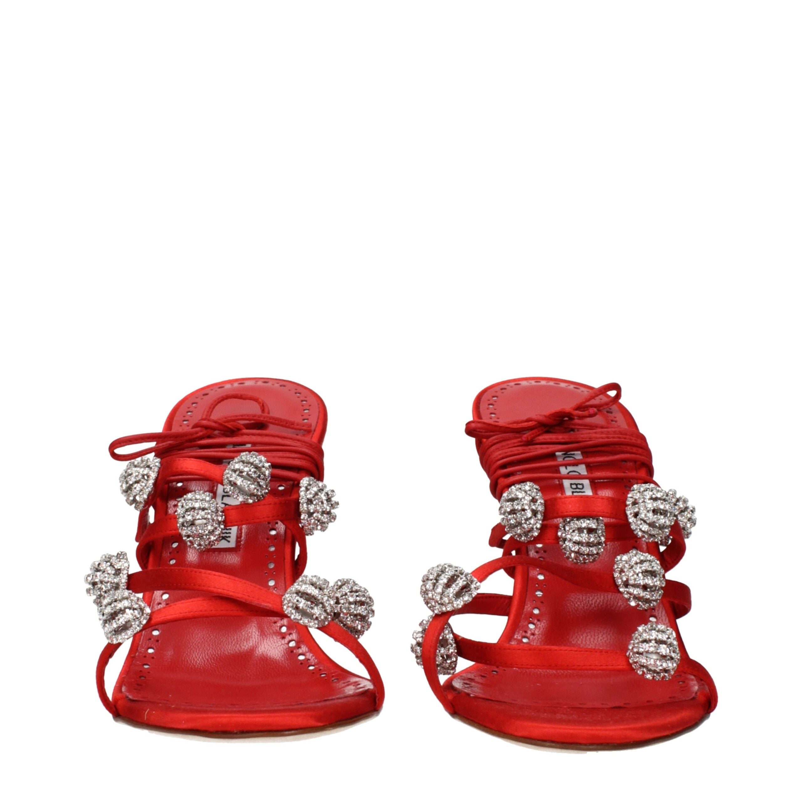 Manolo Blahnik Red Satin Stiletto Heel Sandals - Luxury Boutique Co